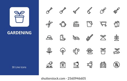 Farming and Gardening Icon Set with line style. Perfect for UI, infographics, or social media content related to farming, gardening, or landscaping.