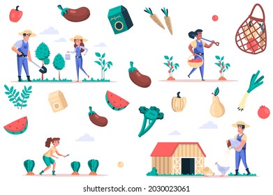Farming and gardening isolated elements set. Bundle of people plant and water for plants, care chickens, harvest fruits and vegetables. Creator kit for vector illustration in flat cartoon design