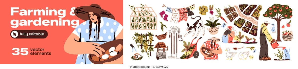 Farming and gardening items set. Collection of farm and garden elements: agricultural animals, greenhouse, growing of plants, rural work tools. Flat isolated vector illustrations on white background
