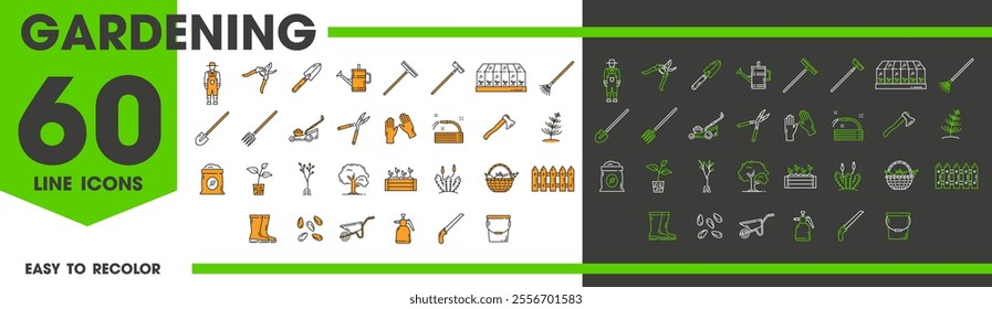 Farming and gardening line icons vector set includes tools, plants, gardening equipment, and symbols like shovel, rake, tree or seed. Pot, fence, boots, sprayer and wheelbarrow, gloves or watering can