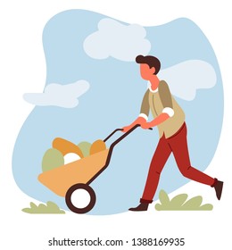 Farming and gardening man farmer with vegetable harvest in wheelbarrow vector male character garden equipment cart and organic farm food growing and cultivation countryside nature agriculture