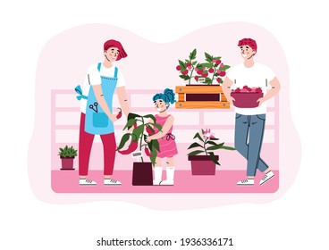 Farming and gardening on city balcony a vector flat illustration.