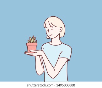 farming, gardening and people concept - happy young woman. Hand drawn style vector design illustrations.