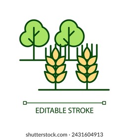 Farming and gardening RGB color icon. Growing trees. Farm harvest. Plantation of rye and wheat. Isolated vector illustration. Simple filled line drawing. Editable stroke. Arial font used