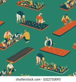 Farming And Gardening Seamless Pattern In Vector. Farmer Gardener Cartoon People Growing Vegetables And Flowers On The Farm Illustration.