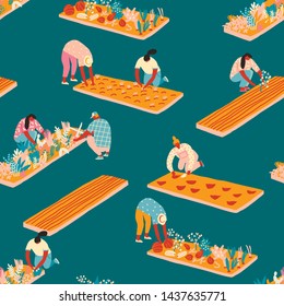 Farming and gardening seamless pattern in vector in flat cartoon style. Farmer gardener cartoon people growing vegetables and flowers on the farm illustration.