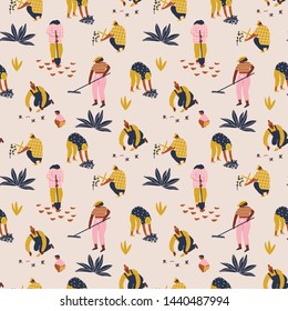 Farming and gardening seamless pattern in vector in flat cartoon style. Farmer gardener cartoon people growing vegetables and flowers on the farm illustration.