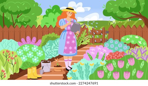 Farming and gardening. Smiling young girl gardener watering bushes with blooming flowers and caring for plants. Hobby or work. Botany and floristry. Cartoon flat vector illustration in doodle style