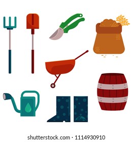 Farming and gardening tools set in flat cartoon style isolated on white background. Various countryside stuff for agricultural works - rural equipment objects in vector illustration.