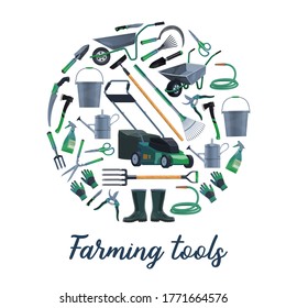 Farming and gardening tools vector set. Lawnmover and wheelbarrow, bucket and watering can, hoe and leaf rake, averruncator and trimming scissors, rubber boots and gloves. Gardening tools round banner