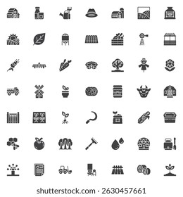 Farming and gardening vector icons set, modern solid symbol collection, filled style pictogram pack. Signs, logo illustration. Set includes icons as farmhouse, harvest, beekeeping, windmill, seedling