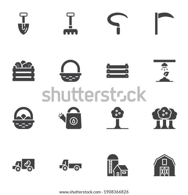 Farming and gardening vector icons set, modern solid\
symbol collection, filled style pictogram pack. Signs, logo\
illustration. Set includes icons as farm barn, apple tree, seedling\
and watering, rake