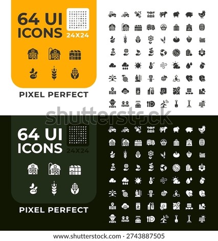 Farming glyph ui icons set for day and night mode. Environment preservation, livestock animals. Farming equipment. Black solid symbols vector iconset. User interface elements collection, pixel perfect