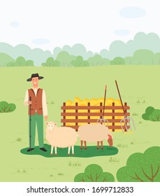 Farming grazing sheep, man with animal outdoor, hay and pitchfork. Man with pasturing mammal, farming land, harvest festival, ewe in forest vector