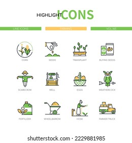 Farming and growing food - line design style icons set. Corn, buy bags of seeds, scarecrow, well, egg basket, fertilizer and wheelbarrow, water with a hose, crop transport truck. Eco life idea