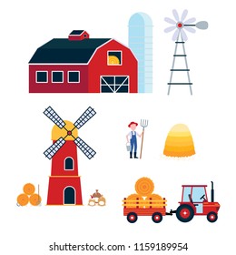 Farming harvecting equipment agriculture set. Red barn, silo, windmill, mill, tractor with semitrailer, hay bale, bags of flour flat style vector illustration isolated on white background.