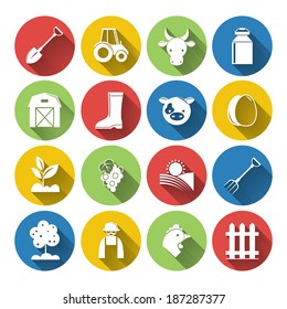 Farming harvesting and agriculture decorative icons set of animals plants tools isolated vector illustration