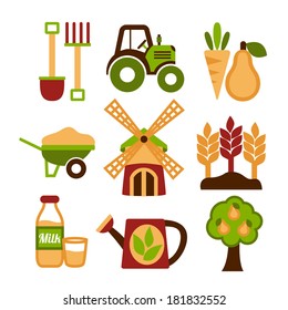 Farming harvesting and agriculture icons set of natural organic fruits and vegetables isolated vector illustration