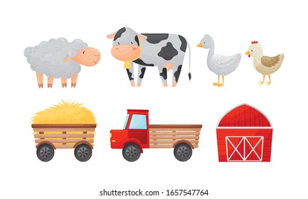 Farming and Harvesting Theme with Poultry and Cattle Vector Set