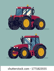 Farming Heavy Machinery Vehicle Vector Concept. Four Wheel Drive Tractor In Flat Design, From Different Angles. Modern Farm Field Compact Tractor Vector Agricultural Design Element