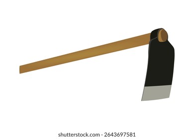 Farming hoe with long wooden handle and steel blade illustration