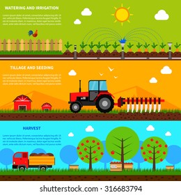 Farming horizontal banner set with watering and seeding elements isolated vector illustration