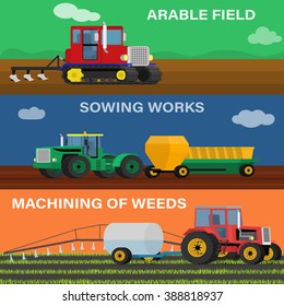 Farming horizontal banner vector set of agricultural vehicles and farm machines. Illustration of the process of seeding, growing and care.
