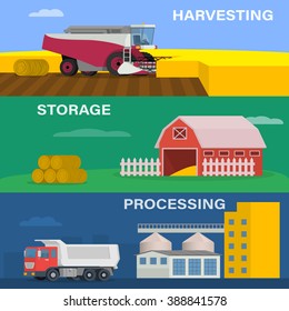 Farming horizontal banner vector set of agricultural vehicles, farm machines and factory. Agriculture design concept set with of the process of harvesting crops, starage and processing of factory