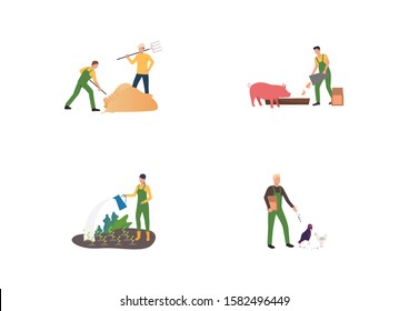 Farming and horticulture set. Farmers gathering hay, feeding pigs, watering seedlings. Flat vector illustrations. Agriculture concept for banner, website design or landing web page