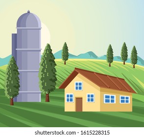 farming house silo storage trees field landscape mountains vector illustration