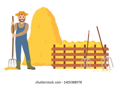 Farming and husbandry vector, farmer with hayfork working with hay isolated haystack and wooden fence. Harvesting autumn season man with instrument