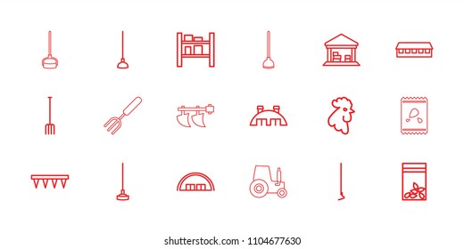 Farming icon. collection of 18 farming outline icons such as rooster, barn, pitchfork, plowing tool, hoe, seed bag, cargo barn. editable farming icons for web and mobile.