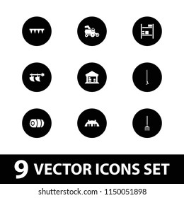 Farming icon. collection of 9 farming filled icons such as tractor, plowing tool, hoe, cargo barn, barn, hay. editable farming icons for web and mobile.