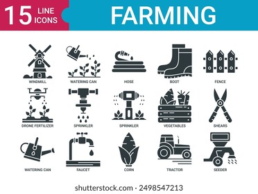 Farming icon collection set with windmill, watering can, hose, boot, fence