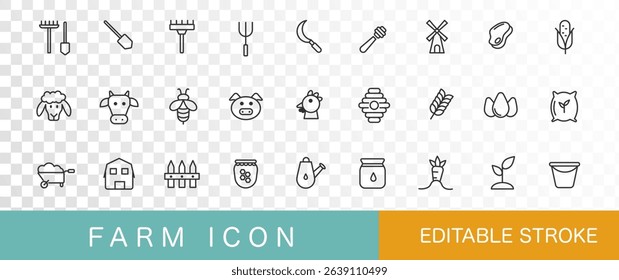 Farming icon line. Set collection. 27 Type . Editble Stroke . Simple design. Vector illustration