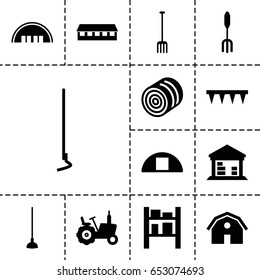 Farming icon. set of 13 filled farmingicons such as hay, tractor, barn, pitchfork, plowing tool, hoe