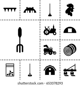 Farming icon. set of 13 filled farmingicons such as hay, tractor, rooster, barn, pitchfork, plowing tool, hoe, seed bag