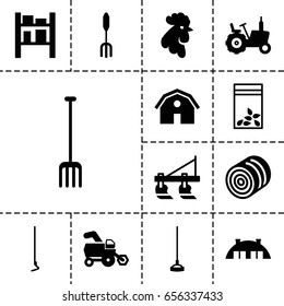 Farming icon. set of 13 filled farmingicons such as hay, tractor, rooster, barn, pitchfork, hoe, seed bag
