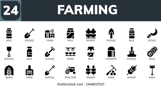 farming icon set. 24 filled farming icons.  Simple modern icons about  - Milk, Shovel, Farm, Wheat, Sickle, Harvest, Bale, Barn, Rake, Tractor