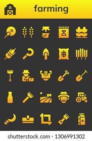 farming icon set. 26 filled farming icons.  Collection Of - Fertilization, Barn, Wheat, Milk, Fertilizer, Sickle, Shovel, Rake, Farmer, Field, Tractor, Sow, Crop