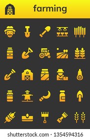 farming icon set. 26 filled farming icons.  Collection Of - Farmer, Barn, Shovel, Farm, Wheat, Milk, Tractor, Field, Butternut squash, Scarecrow, Sickle, Sow, Rake