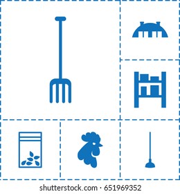 Farming icon. set of 6 farming filled icons such as rooster, pitchfork, hoe, seed bag, cargo barn