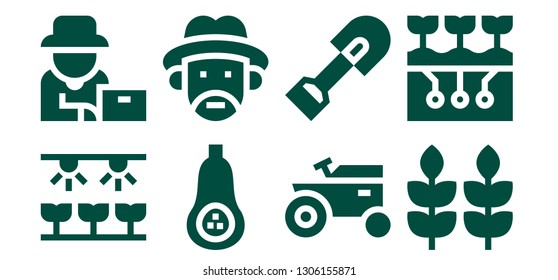 farming icon set. 8 filled farming icons.  Simple modern icons about  - Farm, Farmer, Butternut squash, Tractor, Shovel, Wheat, Farming