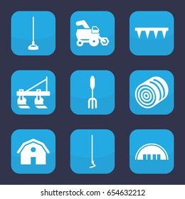 Farming icon. set of 9 filled farming icons such as hay, tractor, barn, pitchfork, plowing tool