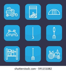farming icon. Set of 9 outline farming icons such as tractor, pitchfork, hoe, seed bag, cargo barn