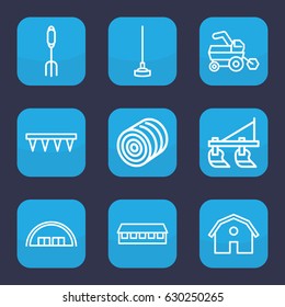 Farming icon. set of 9 outline farming icons such as hay, tractor, barn, pitchfork, plowing tool