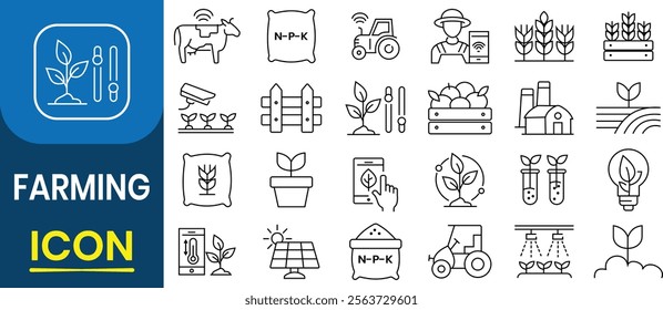 Farming icon set. Farming, agriculture, mill, harvesting, vegetables, wheat, milk and egg. Organic Farm Greenhouse and Barn, Dairy products farmer, cultivation, plant. Vector illustration.