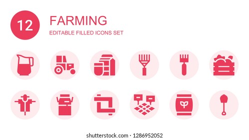 farming icon set. Collection of 12 filled farming icons included Jug, Tractor, Milk, Rake, Scarecrow, Crop, Field, Fertilizer, Fruit box, Shovel