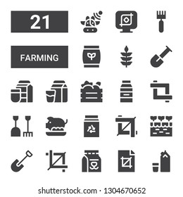 farming icon set. Collection of 21 filled farming icons included Milk, Crop, Shovel, Farm, Milk box, Pork, Fruit box, Wheat, Fertilizer, Rake, Cows