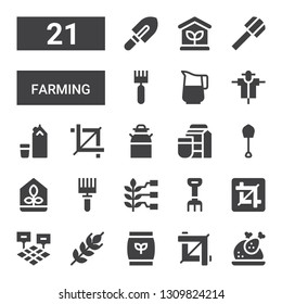 farming icon set. Collection of 21 filled farming icons included Turkey, Crop, Fertilizer, Wheat, Field, Rake, Greenhouse, Shovel, Milk, Scarecrow, Jug
